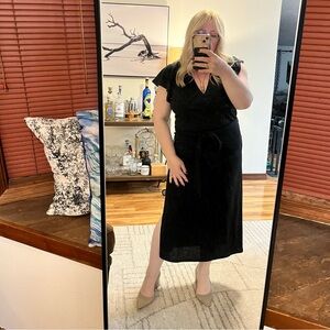 PAIGE Black midi knit Dress with Belt Sz L vneck short sleeve belted side slit